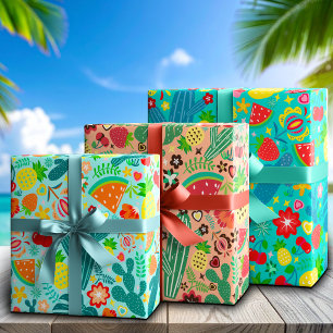Fruits & Cactus Coastal Festival Sunny Vibes Wrapping Paper Sheet
