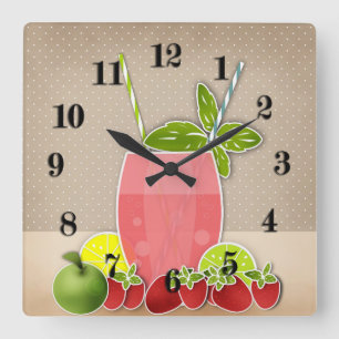 Fruits cocktail strawberry apple lemon lime retro square wall clock