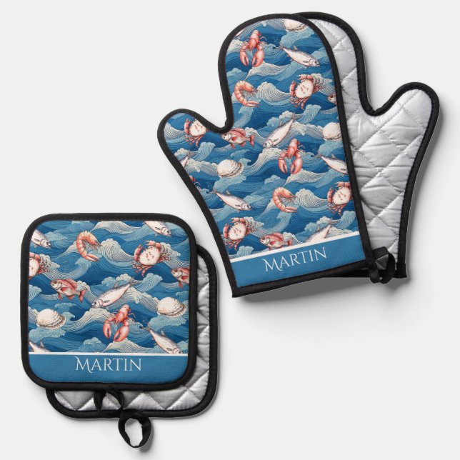 Fruits de Mer Personalised Oven Mitt & Pot Holder Set (Front/Back)