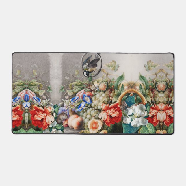 FRUITS ,FLOWERS,GRAPES ,PEACHES AND LITTLE BIRD DESK MAT (Front)