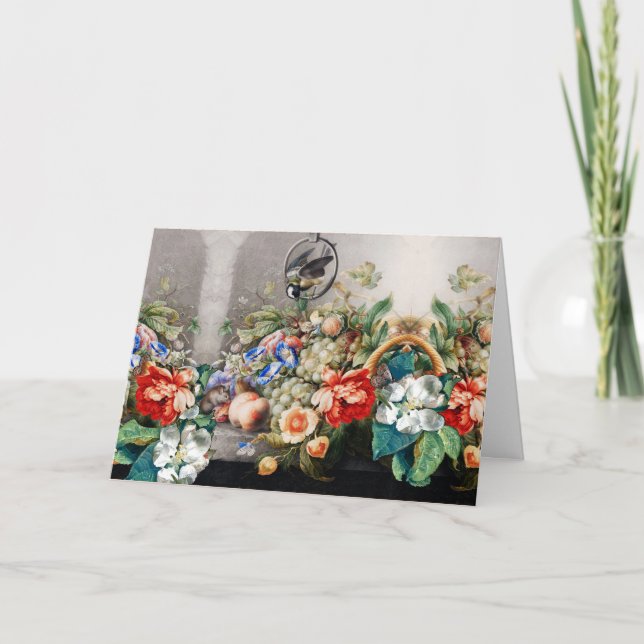 FRUITS ,FLOWERS,GRAPES ,PEACHES AND LITTLE BIRD HOLIDAY CARD (Front)