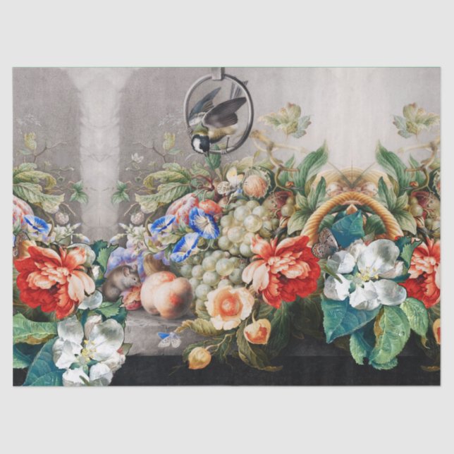 FRUITS ,FLOWERS,GRAPES ,PEACHES AND LITTLE BIRD TISSUE PAPER (Front)