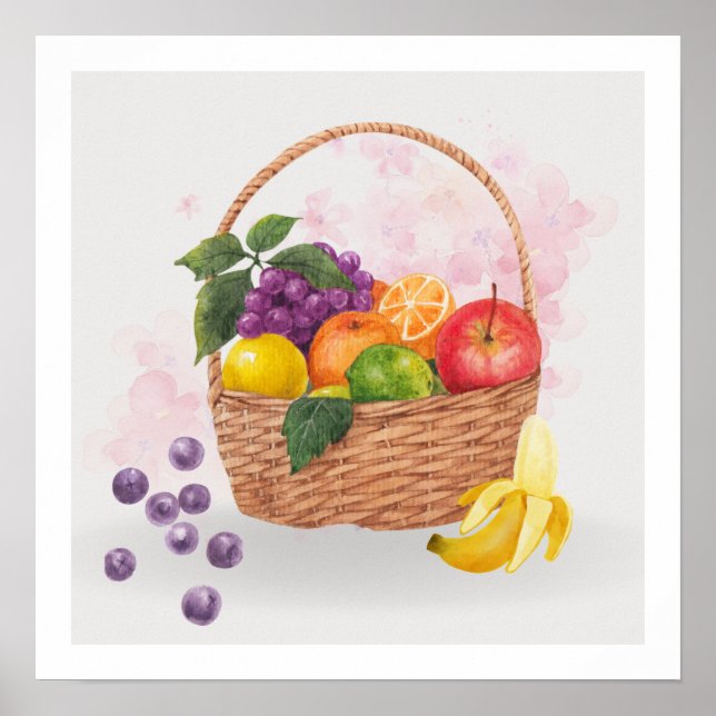 Fruits in Basket Watercolor Poster (Front)