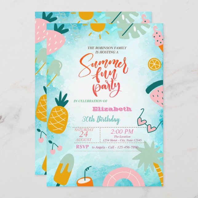 Fruits, Palm Leaf Pool Summer Birthday Party  Invitation (Front/Back)