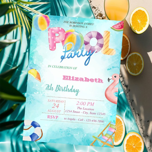 Fruits, Palm Leaf Pool Summer Birthday Party  Invitation (Creator Uploaded)