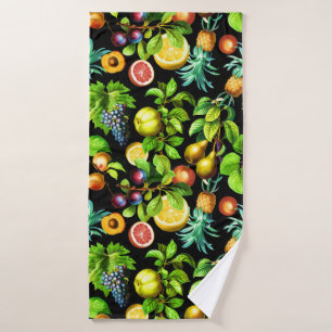 Fruits Pattern On Black Background Bath Towel