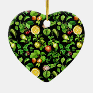Fruits Pattern On Black Background Ceramic Ornament