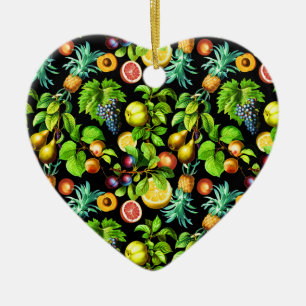 Fruits Pattern On Black Background Ceramic Ornament