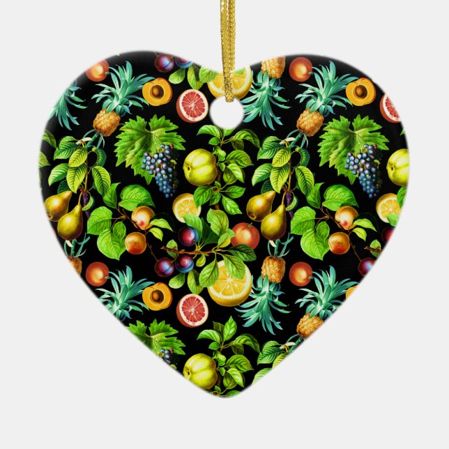 Fruits Pattern On Black Background Ceramic Ornament (Front)