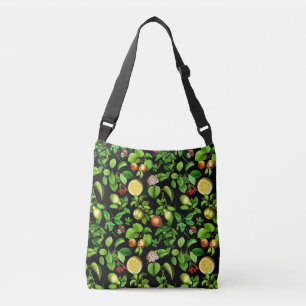 Fruits Pattern On Black Background Crossbody Bag