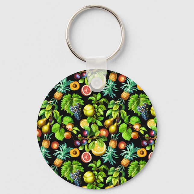 Fruits Pattern On Black Background Key Ring (Front)