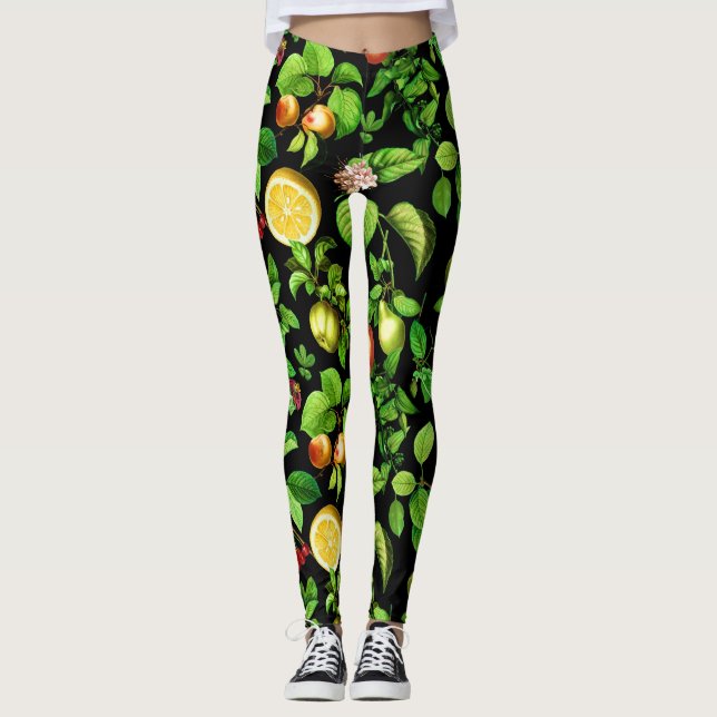 Fruits Pattern On Black Background Leggings (Front)
