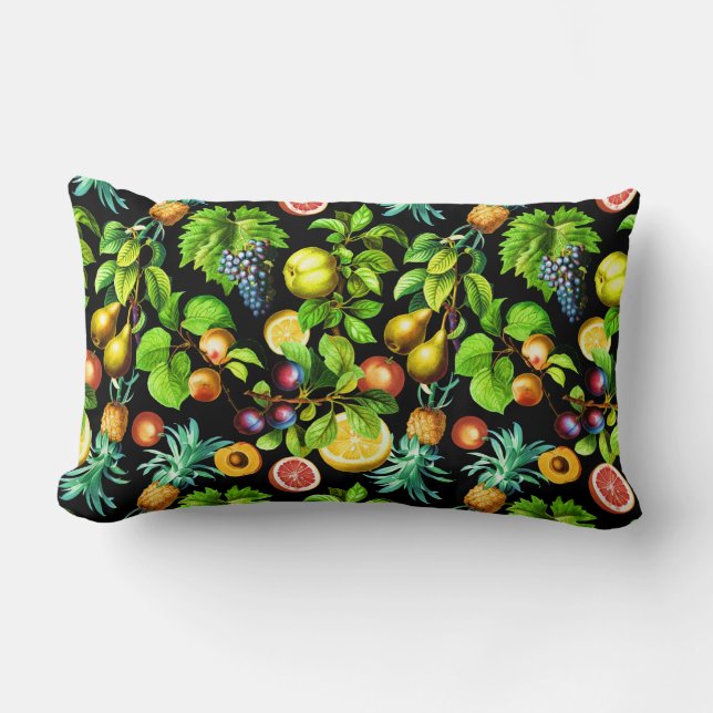 Fruits Pattern On Black Background Lumbar Cushion (Front)