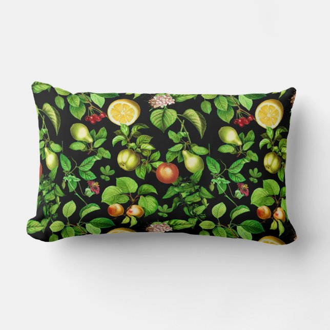 Fruits Pattern On Black Background Lumbar Cushion (Front)