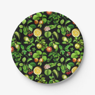 Fruits Pattern On Black Background Paper Plate