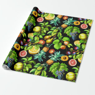 Fruits Pattern On Black Background Wrapping Paper