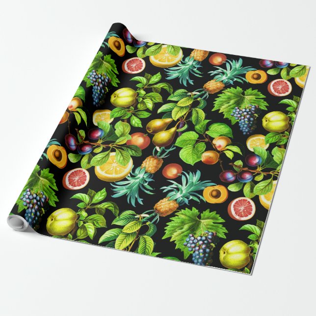 Fruits Pattern On Black Background Wrapping Paper (Unrolled)