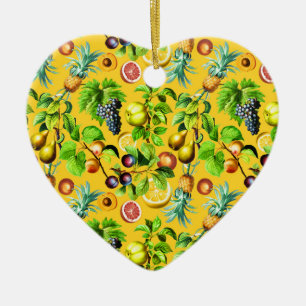 Fruits Pattern On Yellow Background Ceramic Ornament