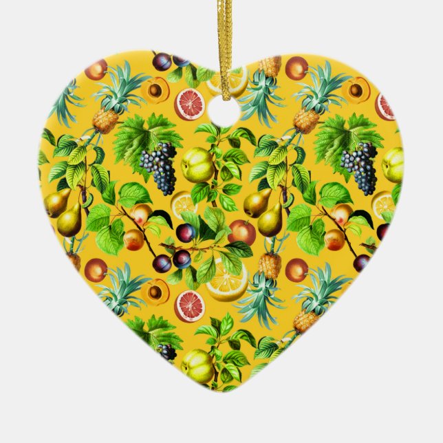 Fruits Pattern On Yellow Background Ceramic Ornament (Front)