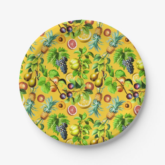 Fruits Pattern On Yellow Background Paper Plate (Front)