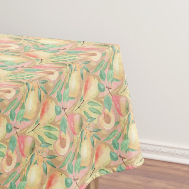 Fruits, peaches, pears, lemons, watercolor tablecloth (In Situ)