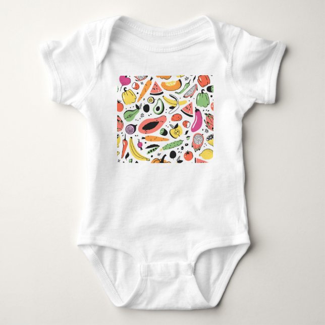 Fruits, vegetables hand drawn pattern. baby bodysuit (Front)