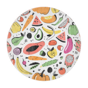 Fruits, vegetables hand drawn pattern. cutting board