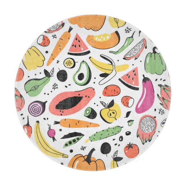 Fruits, vegetables hand drawn pattern. cutting board (Front)