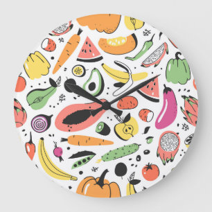 Fruits, vegetables hand drawn pattern. large clock