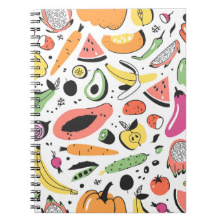 Fruits, vegetables hand drawn pattern. notebook