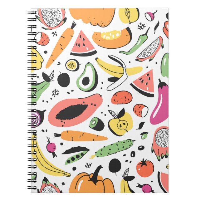 Fruits, vegetables hand drawn pattern. notebook (Front)