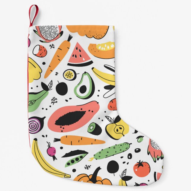 Fruits, vegetables hand drawn pattern. small christmas stocking (Front)