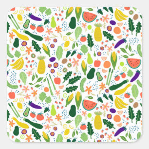 Fruits & Veggies Food Illustration Pattern Cute Square Sticker