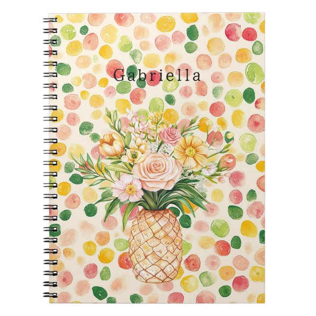 Fruity Pink Green Yellow Pineapple Floral Notebook (Front)