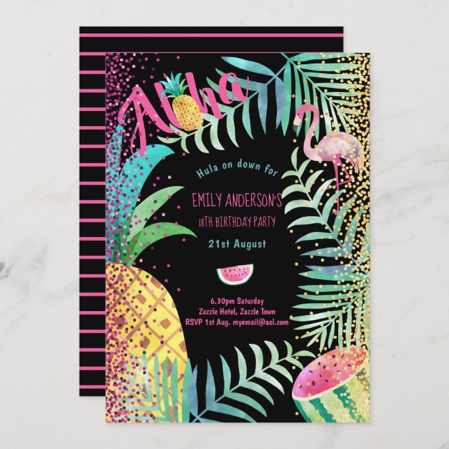Fruity Tropical Birthday Party  Invites Flamingo (Front/Back)