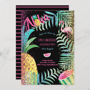 Fruity Tropical Birthday Party Invites Flamingo