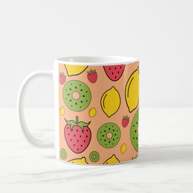 Fruity wallpaper: strawberries, lemons, kiwis. coffee mug (Left)
