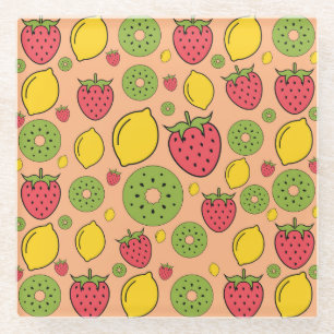Fruity wallpaper: strawberries, lemons, kiwis. glass coaster