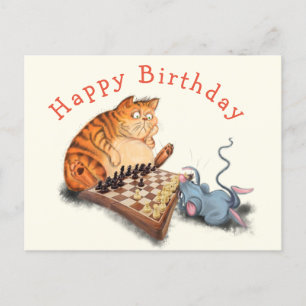 FRunny Cat and Mouse Playing Chess Birthday Card