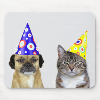 Frustrated dog and cat with party hats mouse pad