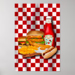 Fry and Fry Again Poster<br><div class="desc">Fry and Fry Again If at first you don’t succeed, Fry and Fry Again with this mouth-watering digital artwork by Retro Artist, Mark Taylor! This incredible piece showcases an array of delicious fried foods including burgers, eggs, fries, bacon, and the classic chicken fillet. Mark Taylor's unique artistic style is perfectly...</div>