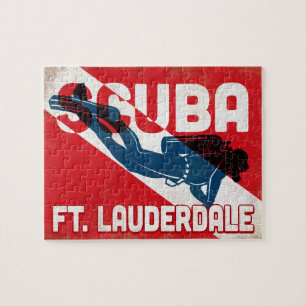 Ft Lauderdale Scuba Diver - Blue Retro Jigsaw Puzzle