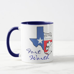 Ft Worth Texas State Map with Star, Boots, Hat Mug