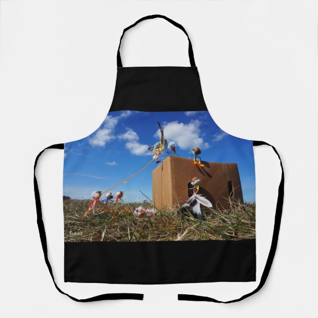 Fubbies playing with feathers and flies. apron (Front)