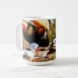 Fubby playing with the chickens and rooster. coffee mug