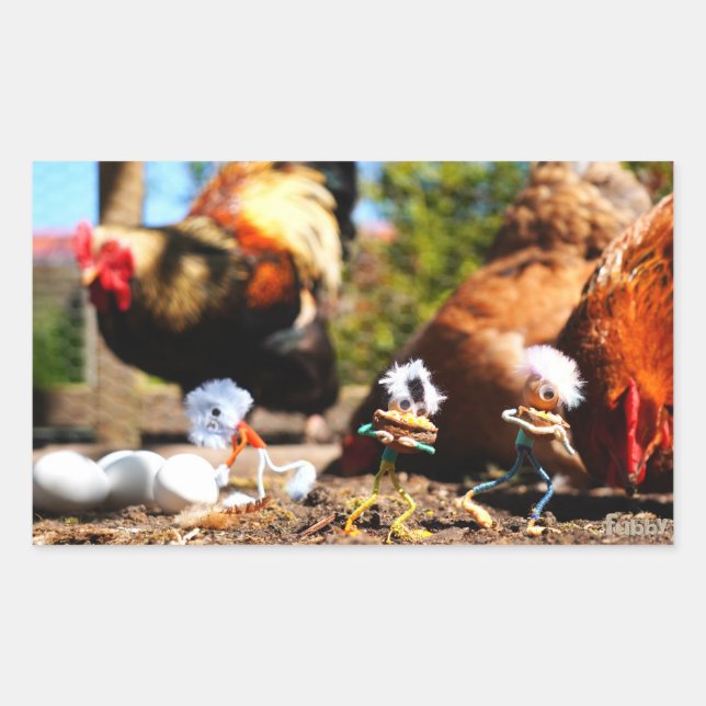 Fubby playing with the chickens and rooster. rectangular sticker (Front)