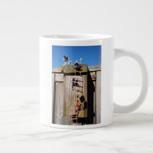 Fubby's climbing a birdhouse. large coffee mug