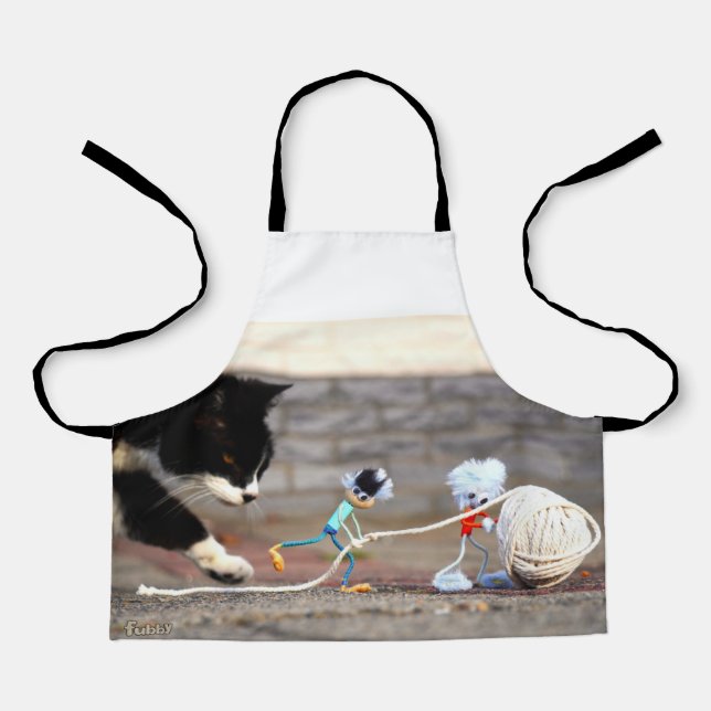 Fubby's playing with ball of string and Puss Ping. Apron (Front)