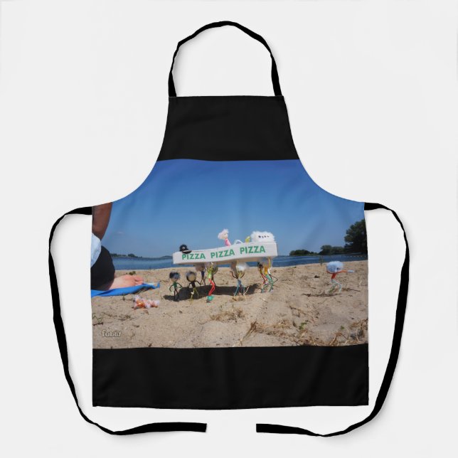 Fubby's stealing a pizza on the beach. apron (Front)