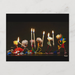 Fubby's walking around festively with candles, fun postcard